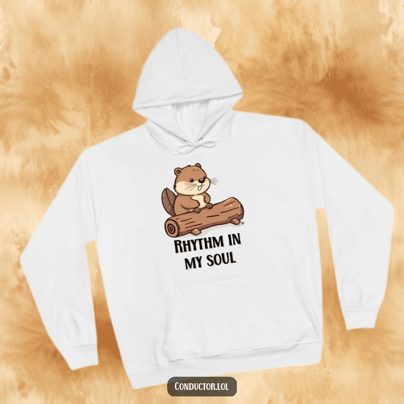 Funny hoodie featuring a determined beaver rhythmically tapping its tail on a log, radiating a sense of steady beat and playful determination, an ideal funny gift.