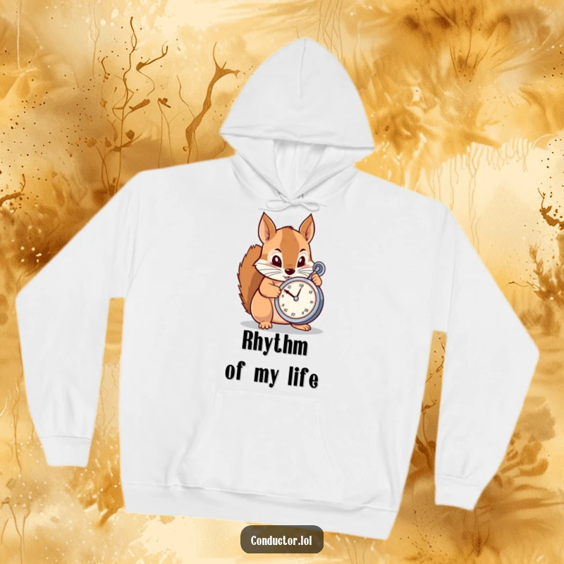 Funny Hoodie: A determined cartoon squirrel meticulously adjusting a metronome, offering cozy warmth and a humorous appreciation for musical timing.