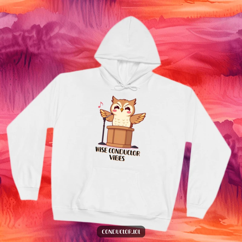 Funny Owl Conductor Hoodie depicting a cheerful owl maestro rhythmically bobbing its head while conducting, perfect for cozy nights.