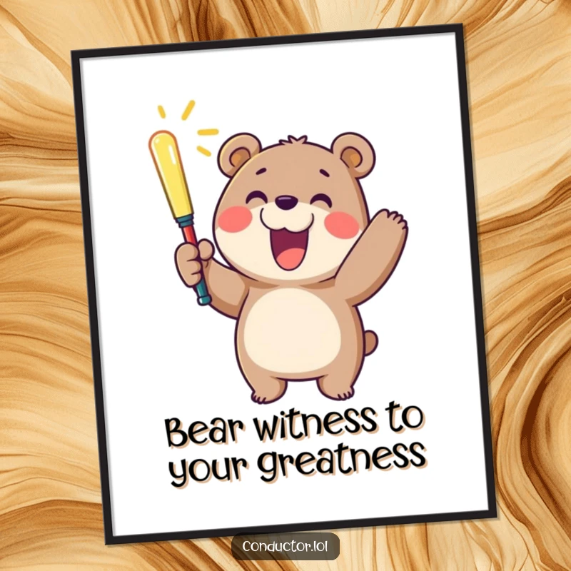 Funny Free Printable Wall Art: A smiling bear enthusiastically conducts with a glowing baton, radiating pure happiness and cheer.