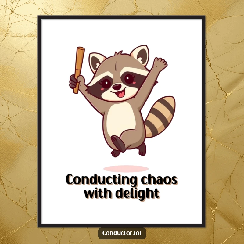 Funny Free Printable wall art of a playful raccoon enthusiastically leaping into the air with a baton.