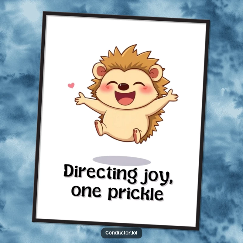 Funny Free Printable Hedgehog Wall Art: A giggling hedgehog leaps with joy while directing, creating a vibrant and cheerful atmosphere.