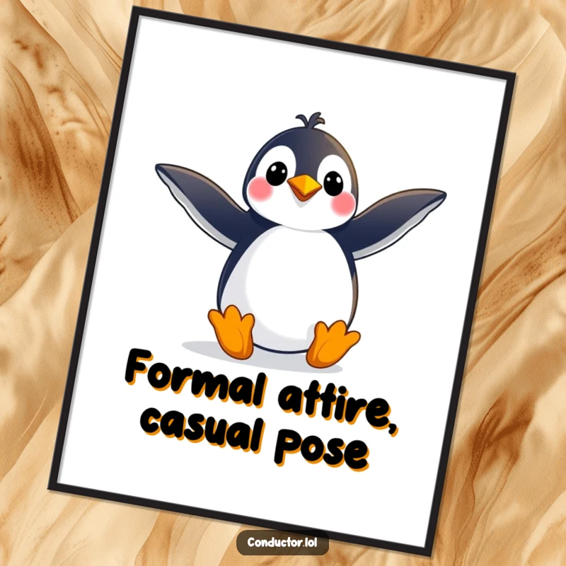 Funny Free Printable Wall Art: A happy penguin strikes a grand pose with its arms stretched wide in a dramatic display.