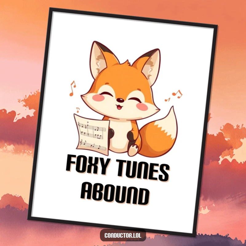 Funny Free Printable Wall Art: A cheerful cartoon fox intensely looking at an unseen musical score with a joyful expression.