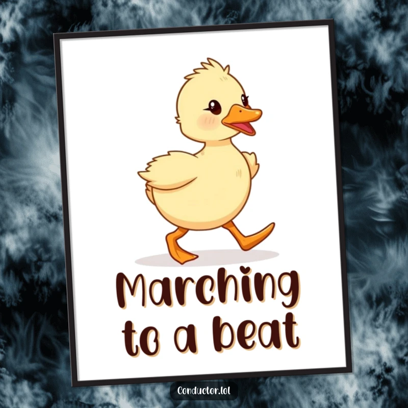 Funny Free Printable Wall Art: A determined duckling marching with enthusiasm, perfect for a child's room or nursery.