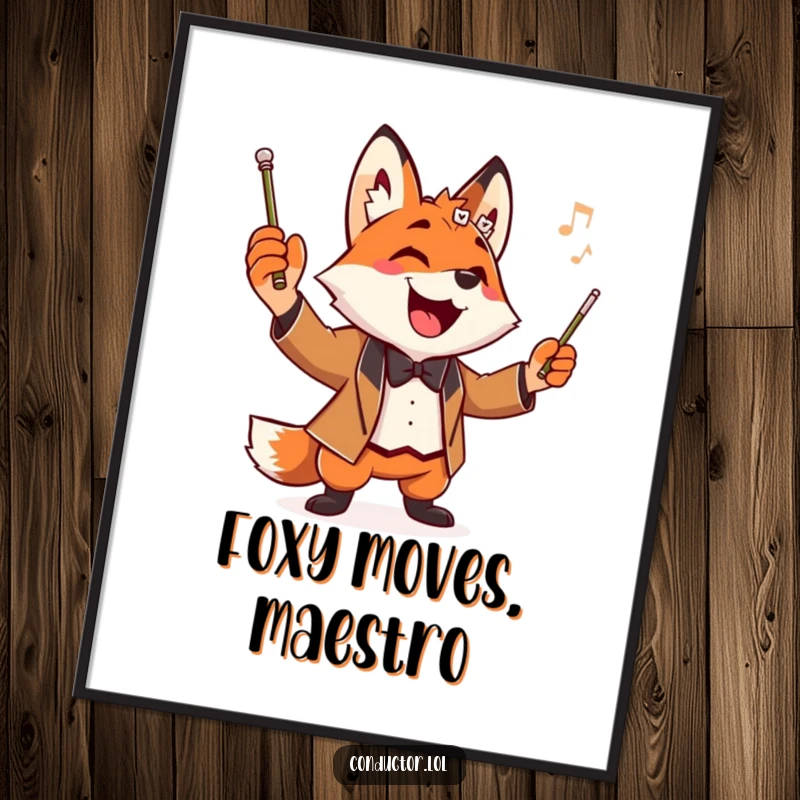 Funny Free Printable Fox Conductor Wall Art: Playful fox conductor striking a dramatic pose, baton held high, with a wide, charismatic grin.