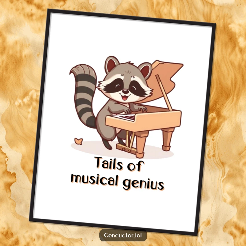 Funny free printable wall art: Happy raccoon energetically taps piano keys with its tail, a charming musical decoration.