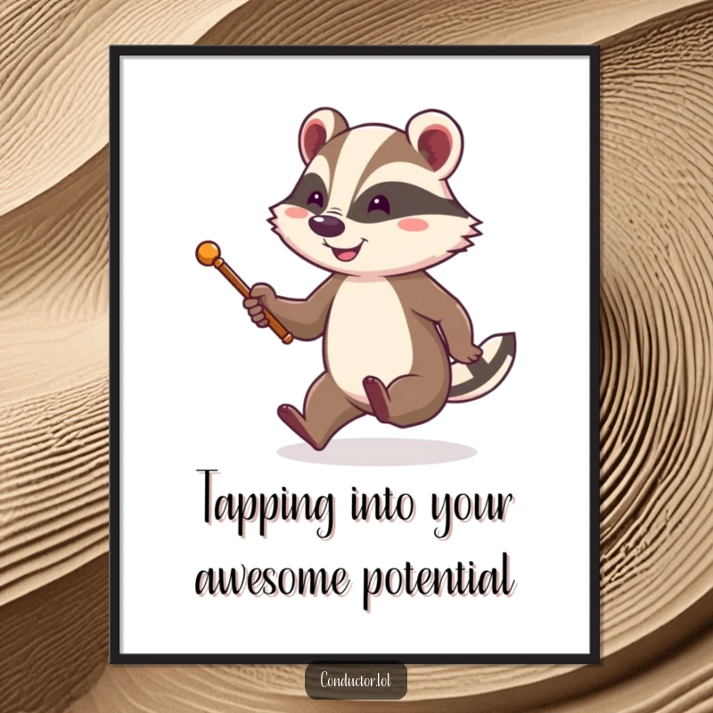 Funny Free Printable Wall Art: A cheerful badger energetically tapping its foot while smiling and holding a conductor's baton.