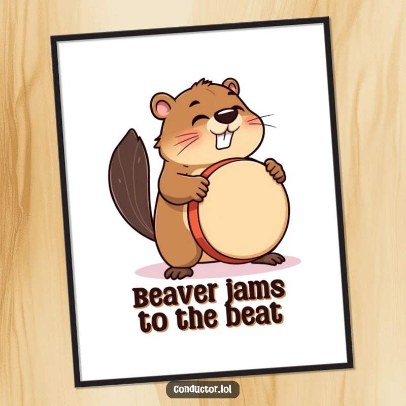 Funny Free Printable Wall Art: A busy beaver enthusiastically beats a large drum with a determined, rhythmic focus.