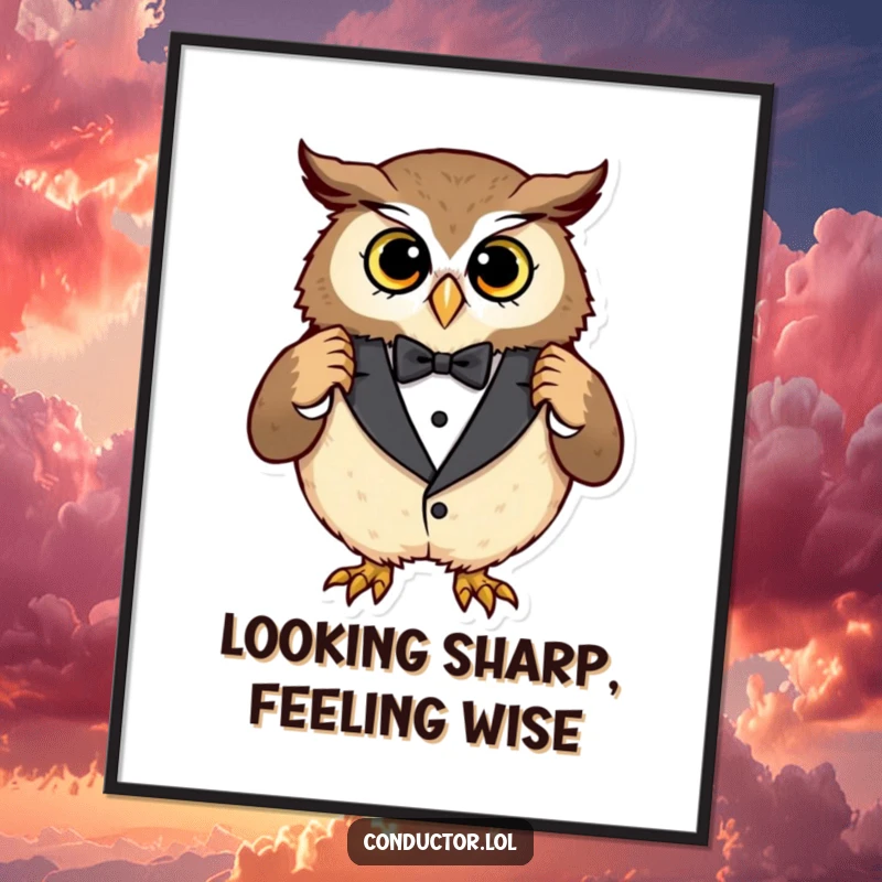 Funny Free Printable Wall Art: A curious owl adjusting an oversized tuxedo with a pleased expression, embodying style and humor.