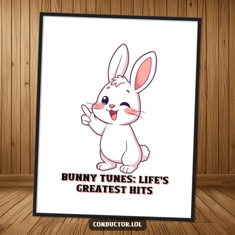 Funny Free Printable Wall Art: Playful bunny conducting music crescendo with joyful energy, vibrant decor, downloadable art.