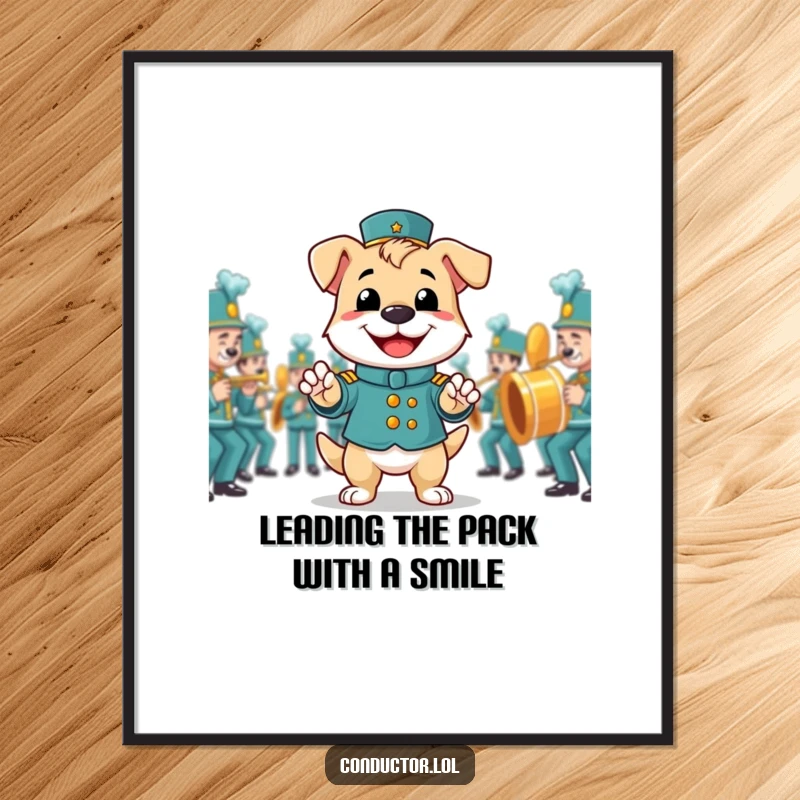 Funny Free Printable Wall Art: A smiling dog proudly directs a marching band, bringing cheerful energy to your home.