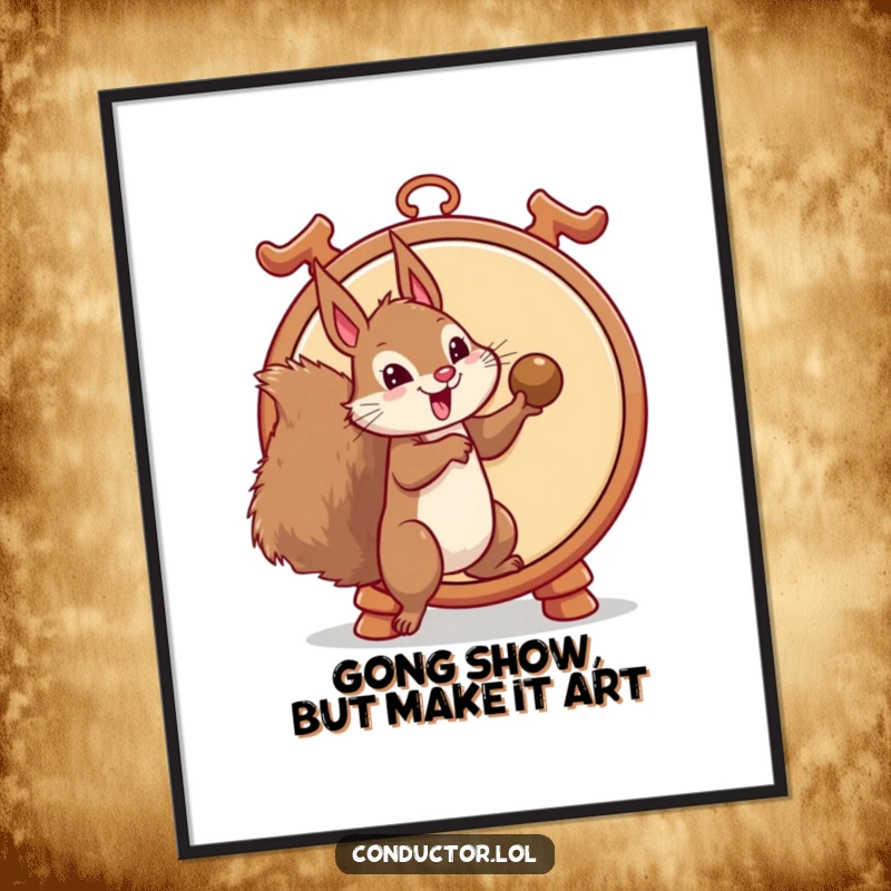 Funny Free Printable Wall Art: A mischievous squirrel dramatically prepares to strike a giant gong with a flourish.