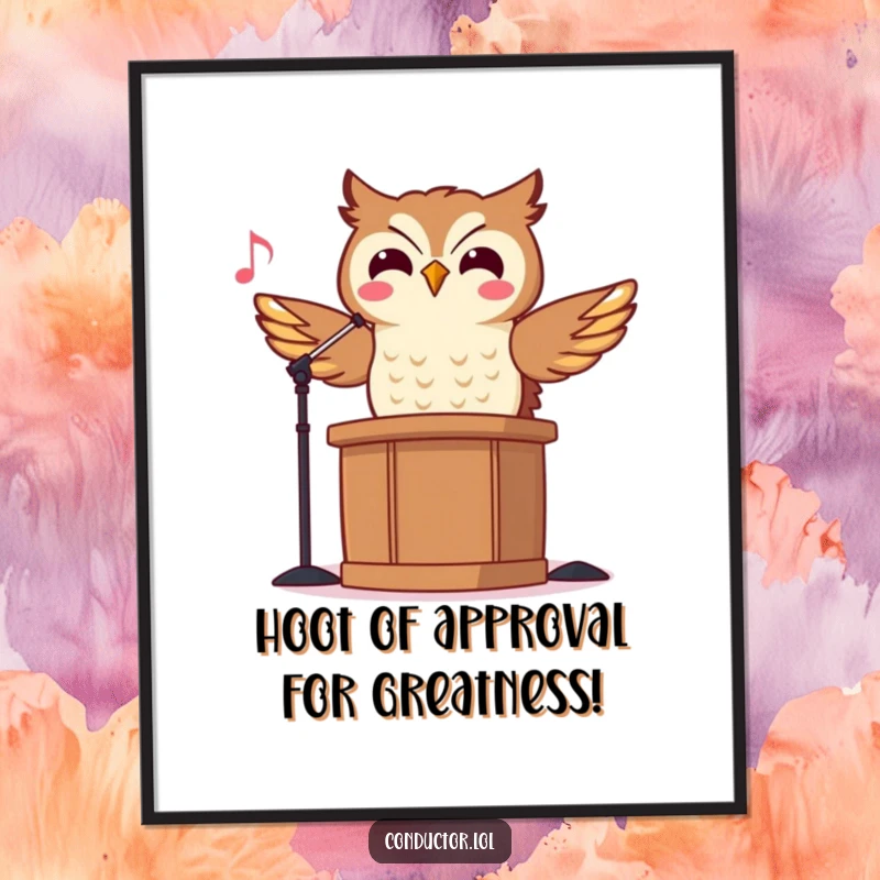 Funny Free Printable Owl Conductor Wall Art: Cheerful owl conductor poised on a podium, head bobbing rhythmically with artistic flair.