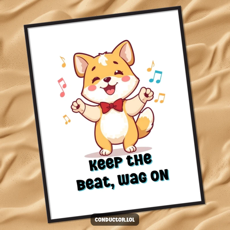 Funny free printable wall art of a happy dog conductor, tail wagging in perfect time, ears perked, leading an unseen, harmonious orchestra.