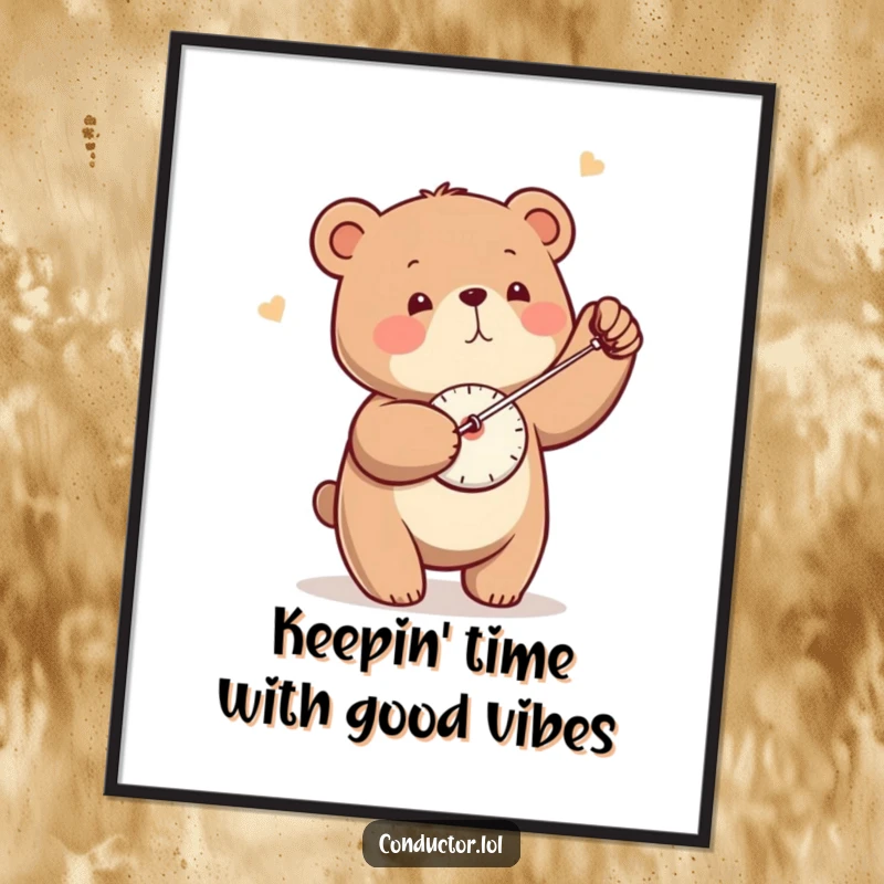 Funny Free Printable Wall Art: A small bear carefully swings a metronome back and forth, creating a humorous and precise visual.