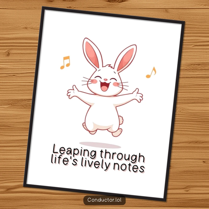 Funny Free Printable Wall Art: Giggling rabbit leaping, leading an imaginary orchestra, a vibrant piece of musical humor.