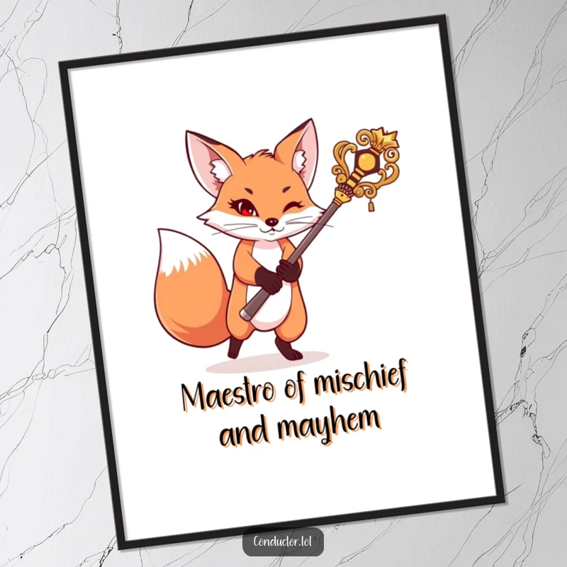 Funny Free Printable Wall Art showing a mischievous fox swinging a large, ornate baton with energetic flair and a sly smile.