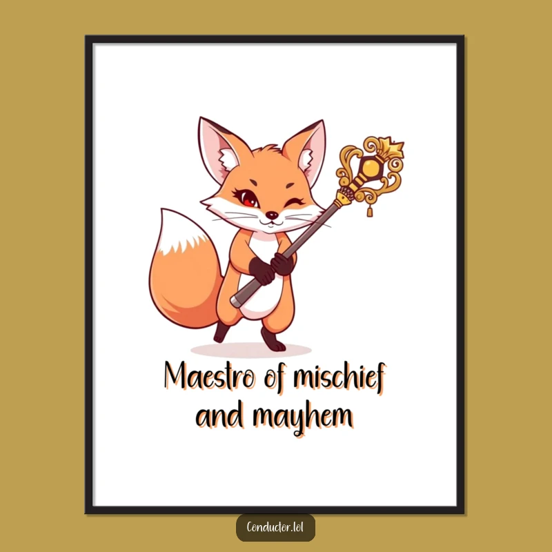 Free Printable Wall Art: Mischievous Fox Swinging Baton Funny Downloadable Art Gift