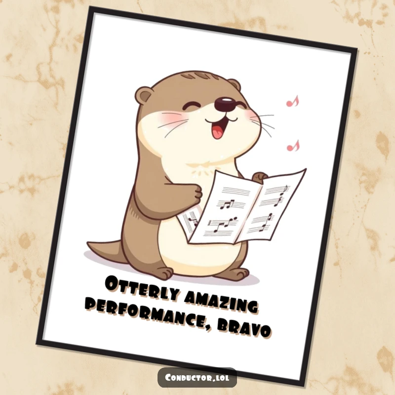 Funny Free Printable Wall Art: A joyful otter sings a powerful crescendo with sheet music clutched tightly in its paws.