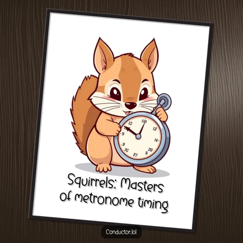 Funny Free Printable Wall Art: Determined cartoon squirrel meticulously adjusting a metronome, humorous downloadable decor.