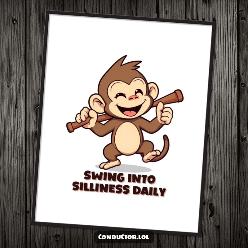 Funny Free Printable wall art of a mischievous monkey with a big grin, swinging a conductor's baton.