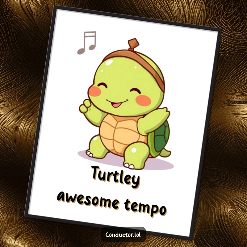 Funny Free Printable Wall Art: Joyful turtle conductor smiling, slowly guiding tempo, adding musical humor to decor.