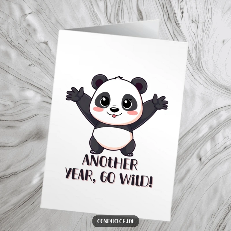 Funny Free Printable Birthday Card: Energetic cartoon panda sweeping arms in a dramatic, flowing dance gesture, full of birthday joy.
