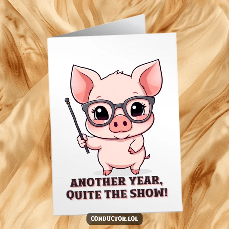 Funny Free Printable Birthday Card: A piglet with oversized spectacles dramatically gestures with a small flag, announcing birthday fun.