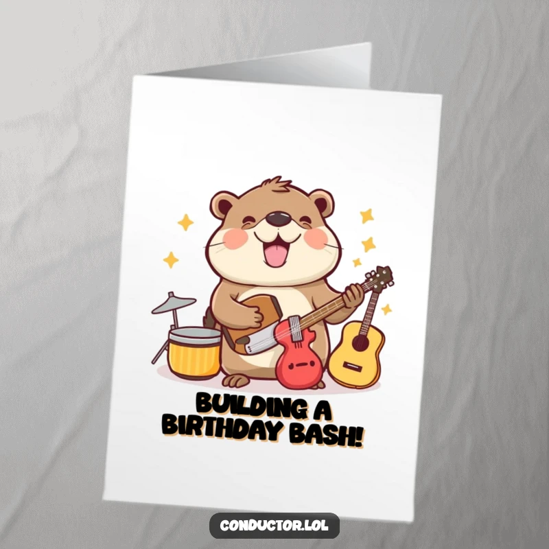 Funny Free Printable Birthday Card: A beaming beaver cheerfully organizing musical instruments with neat enthusiasm for a birthday jam.