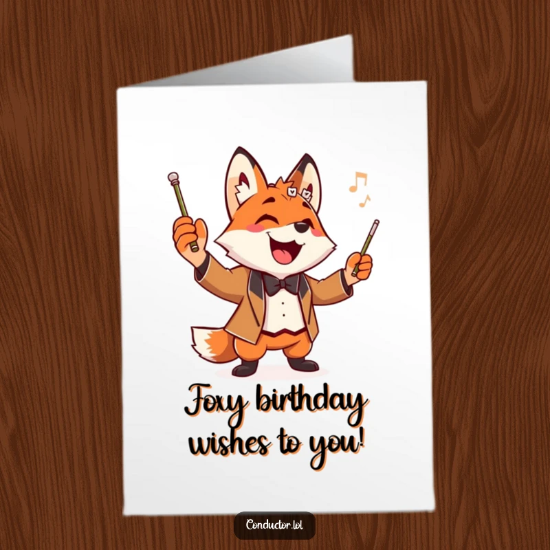 Funny Free Printable Fox Conductor Birthday Card: Playful fox striking a dramatic pose with a baton held high and a wide, happy grin.