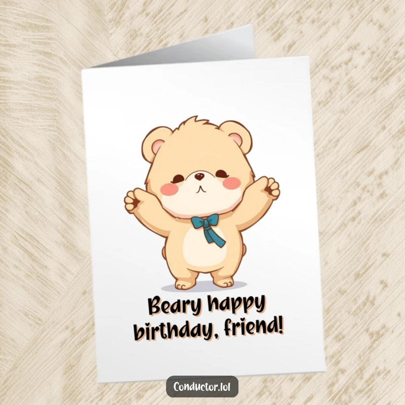 Funny Free Printable Bear Birthday Card: A fluffy bear conducts energetically with a grand sweeping motion, celebrating joyfully.