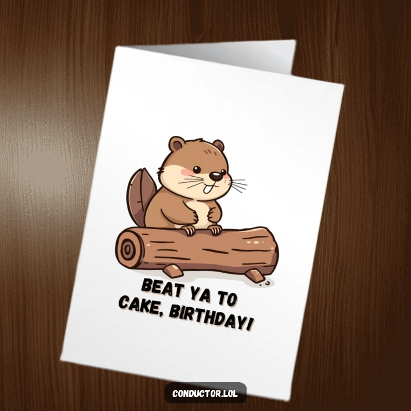 Funny Free Printable Birthday Card: Determined beaver tapping its tail rhythmically on a log, celebrating a birthday beat.