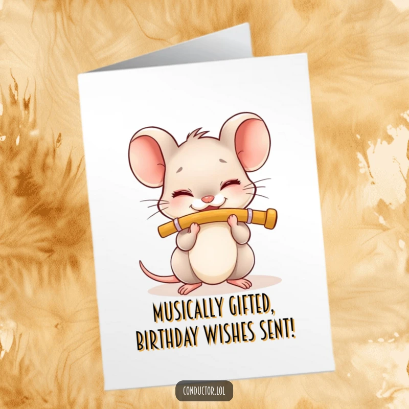 Funny Free Printable Birthday Card featuring a tiny mouse blissfully playing a flute with closed eyes and a joyful smile.