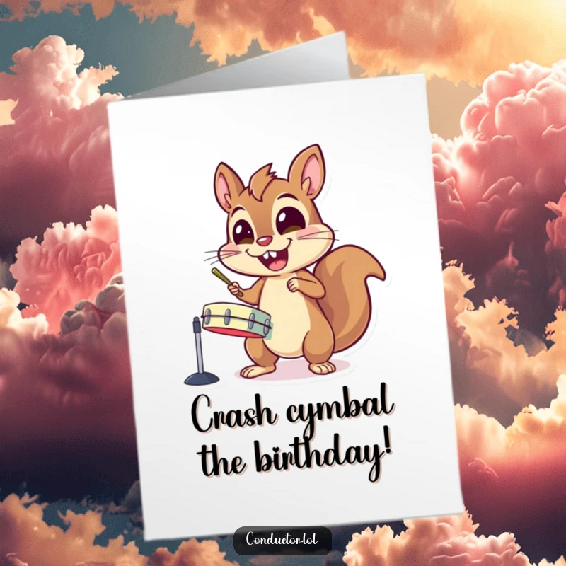 Funny Free Printable Birthday Card showing an energetic squirrel character gleefully crashing cymbals with wide, excited eyes.