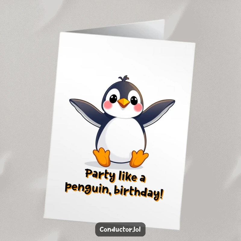 Funny Free Printable Birthday Card: A playful penguin strikes a grand celebratory pose, arms outstretched wide for a birthday bash.