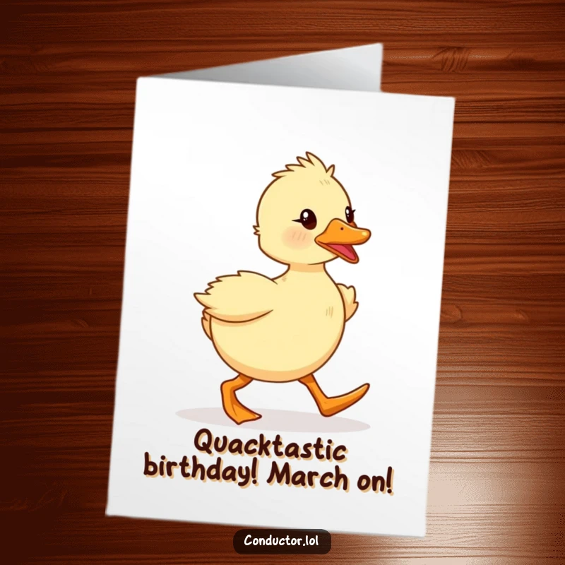 Funny Free Printable Birthday Card: A determined duckling marching with enthusiasm, ready for birthday adventures.