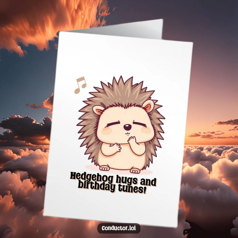 Funny Free Printable Birthday Card: Determined hedgehog with closed eyes humming thoughtfully to music, perfect for music fans.