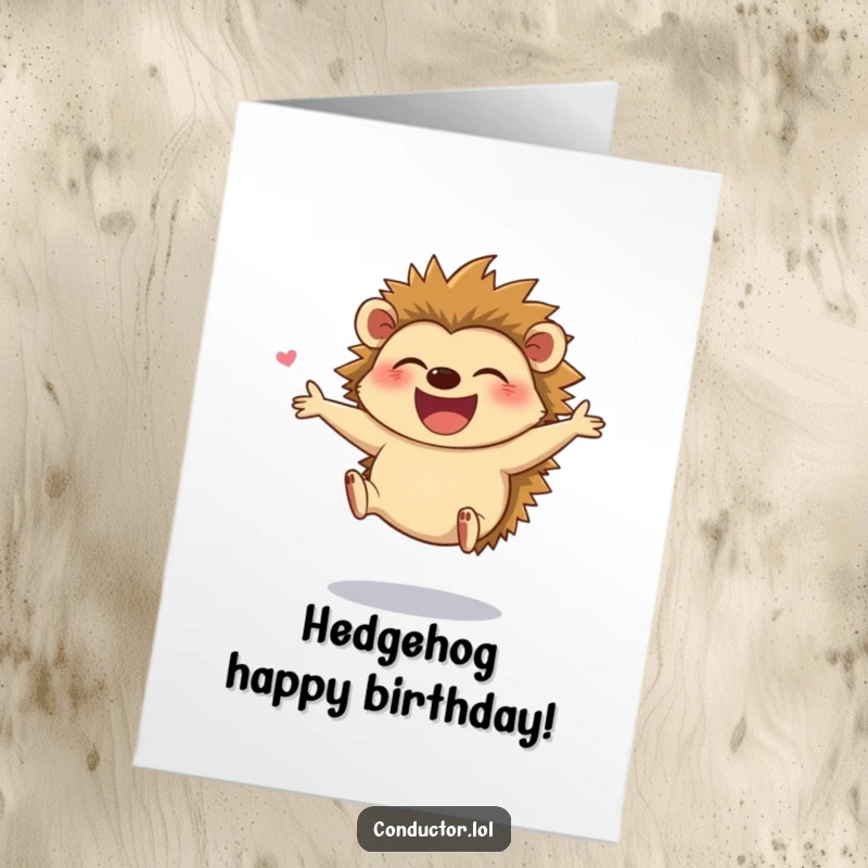 Funny Free Printable Hedgehog Birthday Card: A giggling hedgehog leaps with joy while directing, celebrating a spectacular birthday.