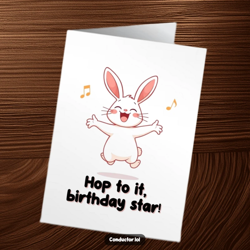 Funny Free Printable Birthday Card: Giggling rabbit joyfully leaping, leading an imaginary orchestra with outstretched arms.