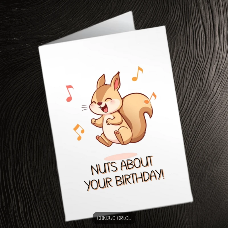 Funny Free Printable Birthday Card: Playful squirrel leaping between musical notes with mischievous delight, celebrating.