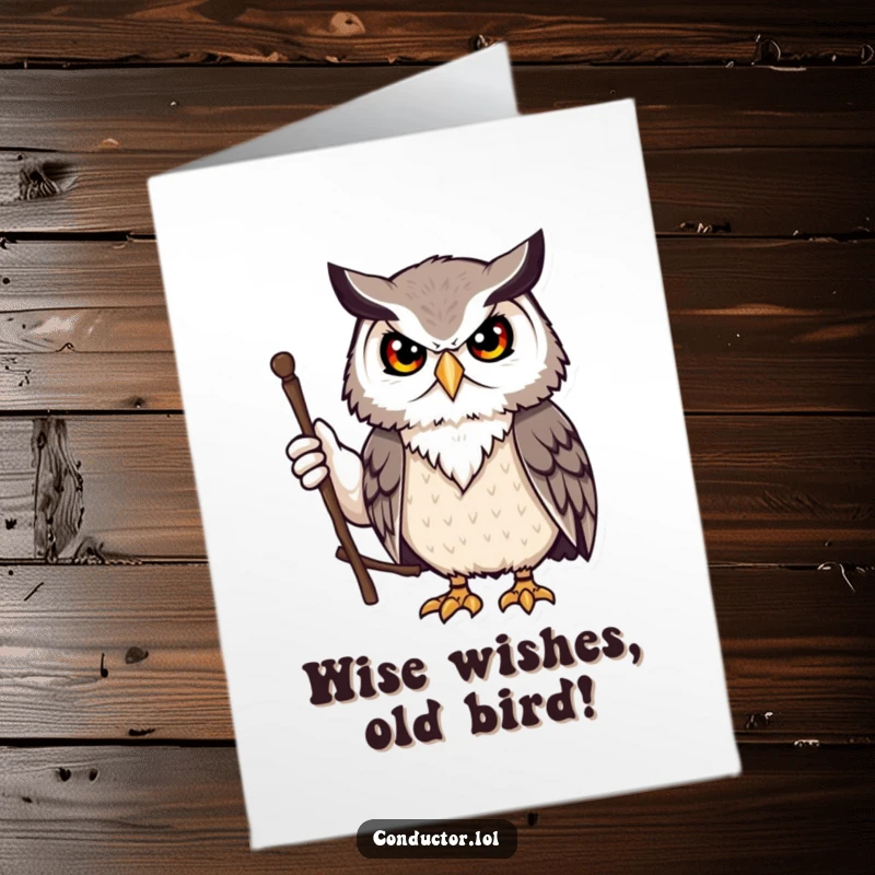 Funny Free Printable birthday card of a dignified owl with a stern yet friendly expression, holding and waving a stick.