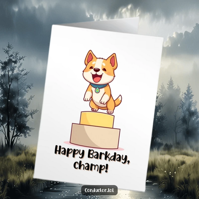 Funny Free Printable Birthday Card: Determined dog leaping onto a podium with a proud, happy bark.