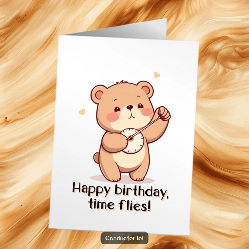 Funny Free Printable Birthday Card: A small bear gently swings a metronome back and forth with focused, precise movements for a special day.