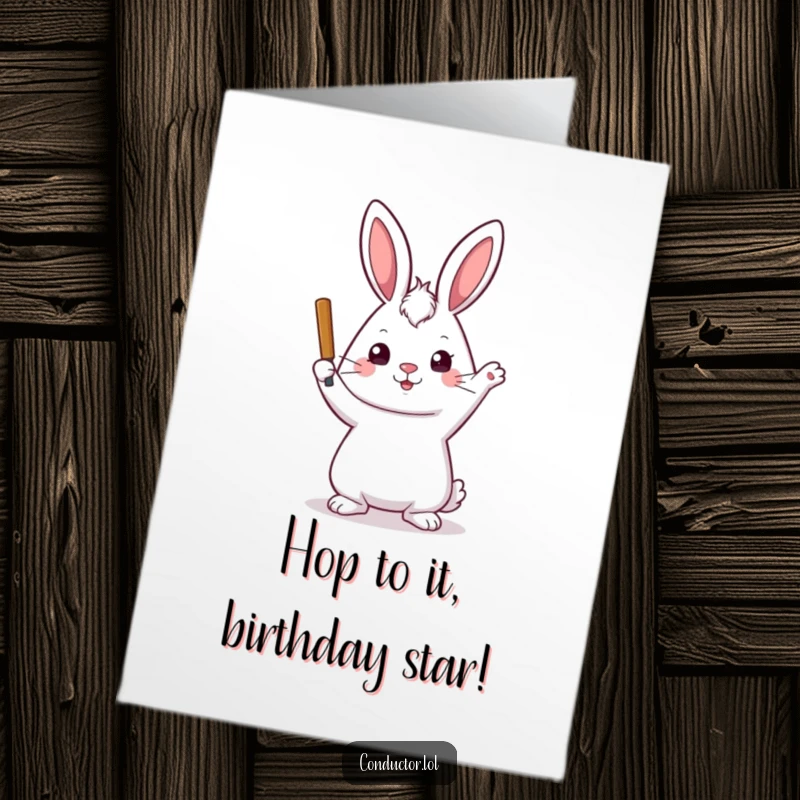 Funny Free Printable Birthday Card: A playful rabbit with a stern yet kind face raising its conductor's baton.