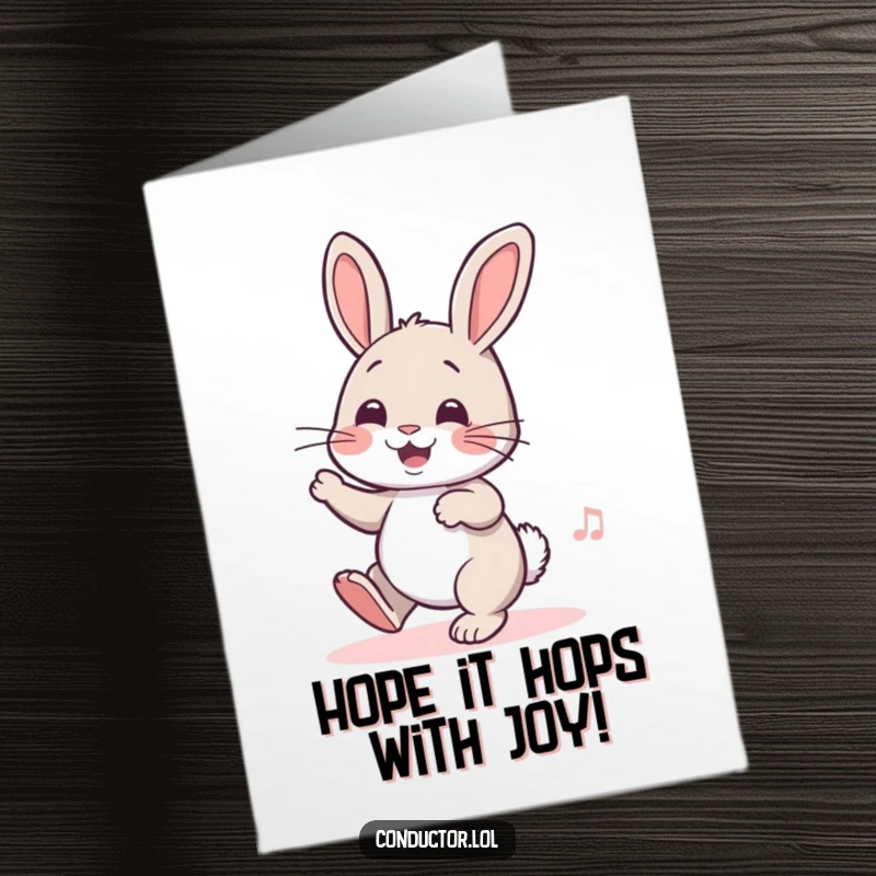 Funny Free Printable Birthday Card of a cheerful rabbit joyfully tapping its foot to an imaginary beat, ready to celebrate.