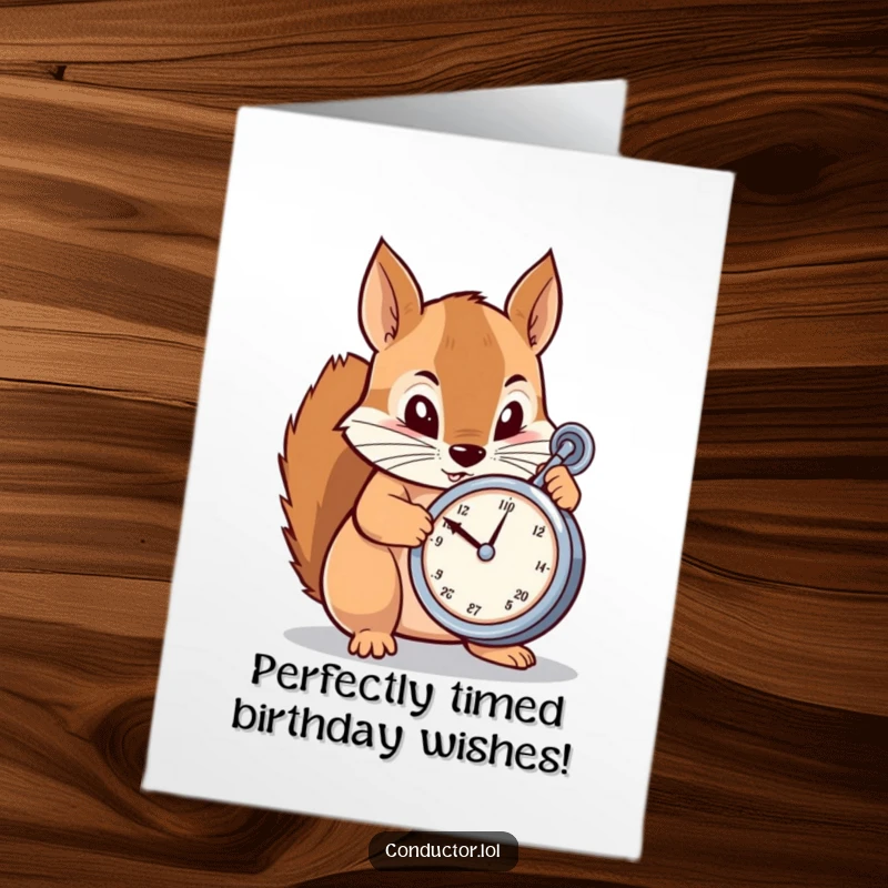 Funny Free Printable Birthday Card: Determined cartoon squirrel meticulously adjusting a metronome, a focused downloadable greeting.
