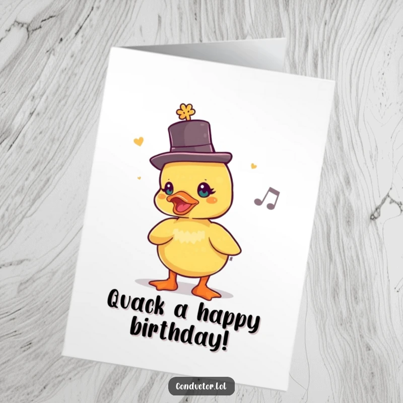 Funny Free Printable Birthday Card: A duckling wearing a tiny top hat chirps out a lively rhythm, celebrating with musical joy.