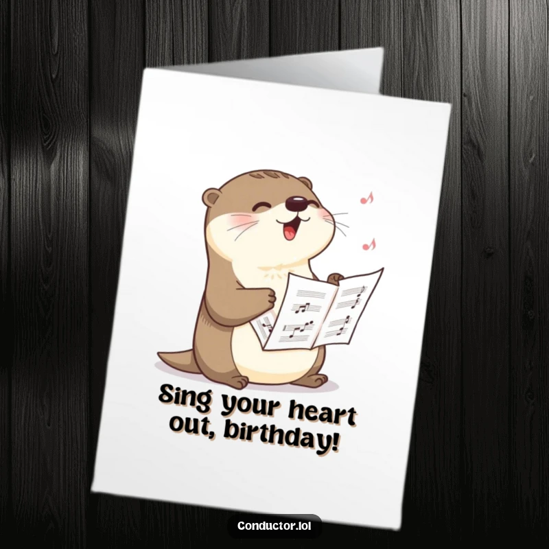 Funny Free Printable Birthday Card: Happy otter belting out a dramatic crescendo, clutching sheet music tightly for a birthday song.
