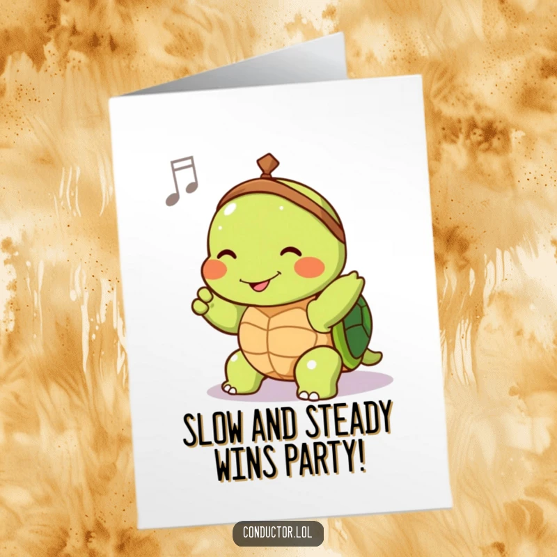 Funny Free Printable Birthday Card: Joyful turtle conductor smiling, slowly guiding tempo with expression, perfect for laughs.